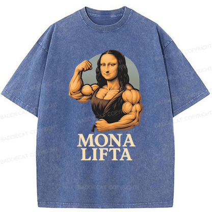 Baddiecat Powerlifting Gym Mona Lisa Parody Washed T-shirt