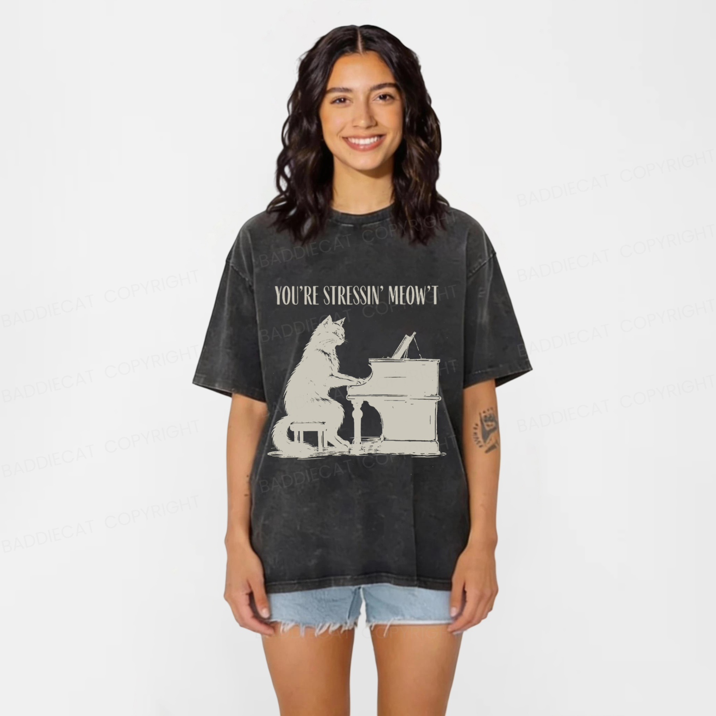 Baddiecat Highly Stressed Cat Washed T-shirt