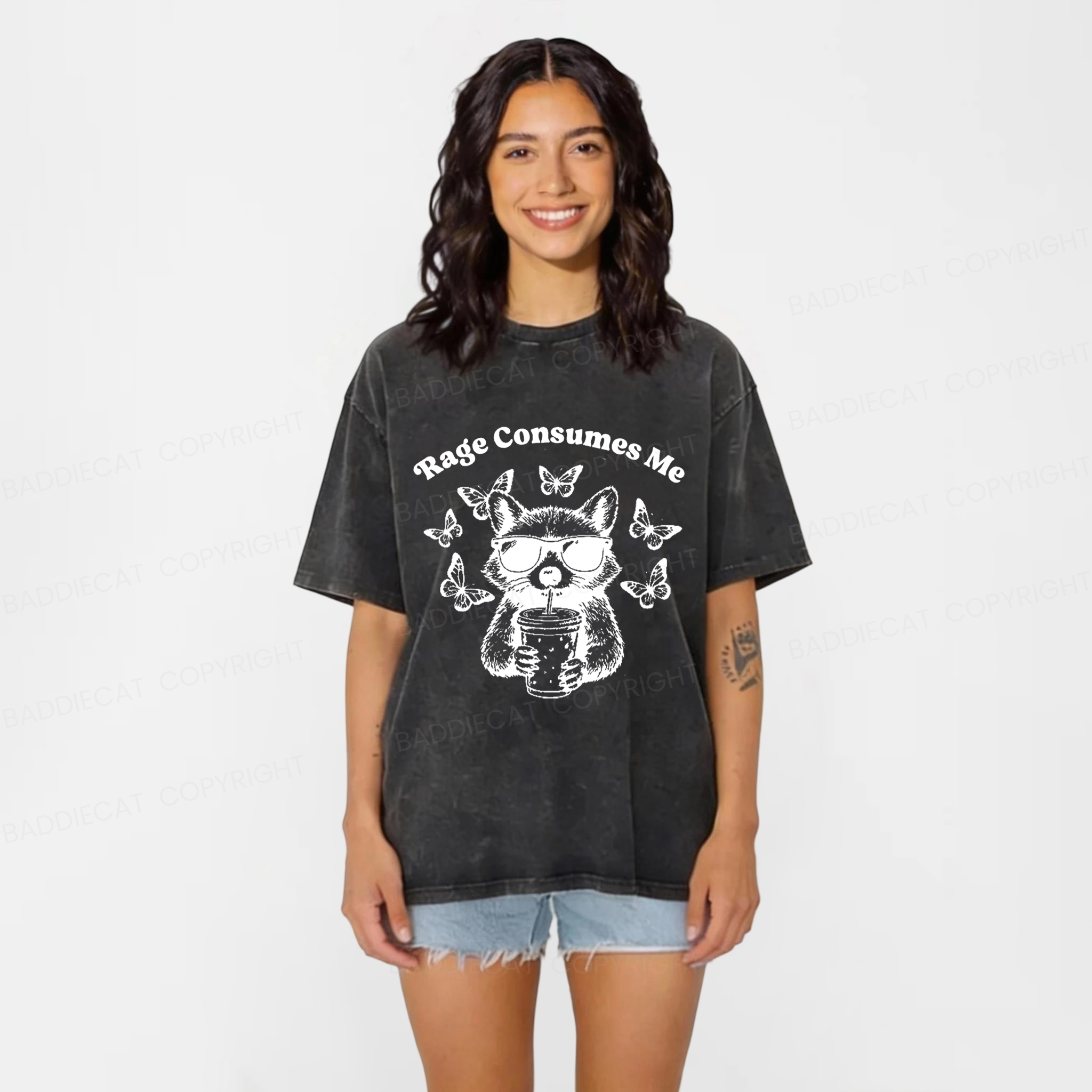 Baddiecat Angry Raccoon Washed T-shirt