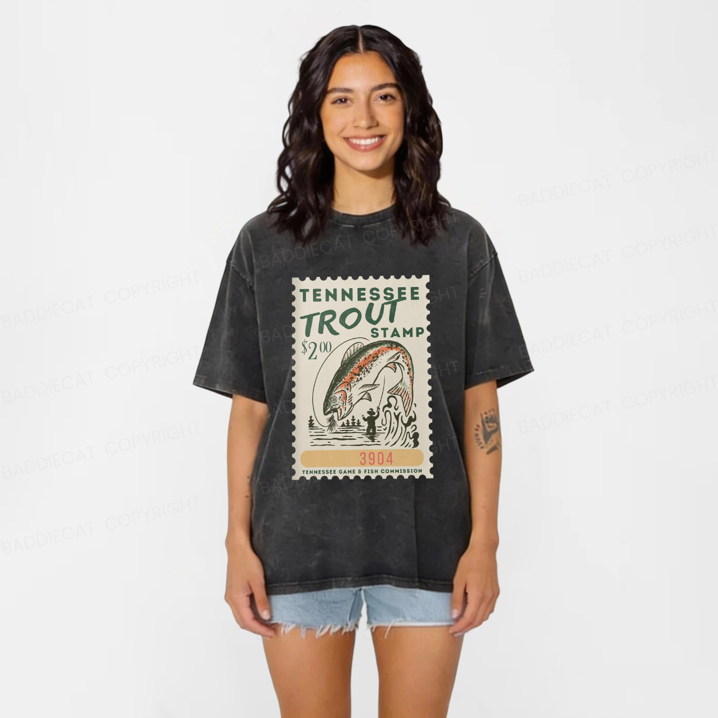 Baddiecat Tennessee Trout Stamp Washed T-shirt