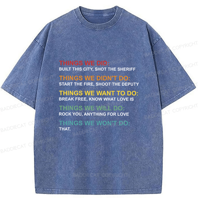 Baddiecat Things We Did Didn't Do Funny Music Lyrics Parody Washed T-shirt