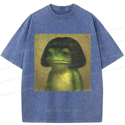 Baddiecat Frog With Bob Haircut Meme Washed T-shirt