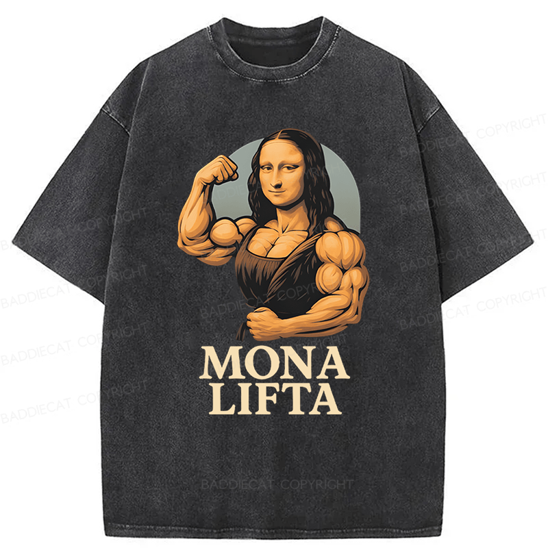 Baddiecat Powerlifting Gym Mona Lisa Parody Washed T-shirt