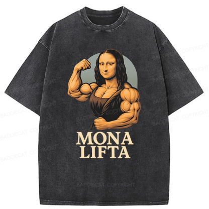 Baddiecat Powerlifting Gym Mona Lisa Parody Washed T-shirt