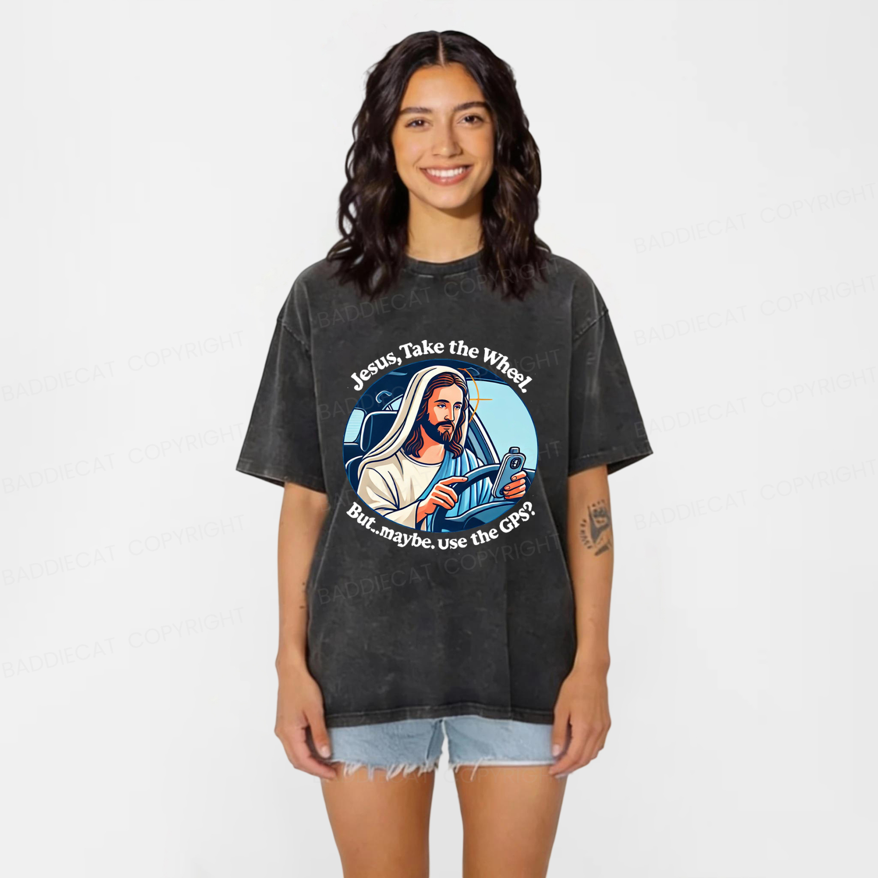 Baddiecat Funny Jesus Retro Washed T-shirt