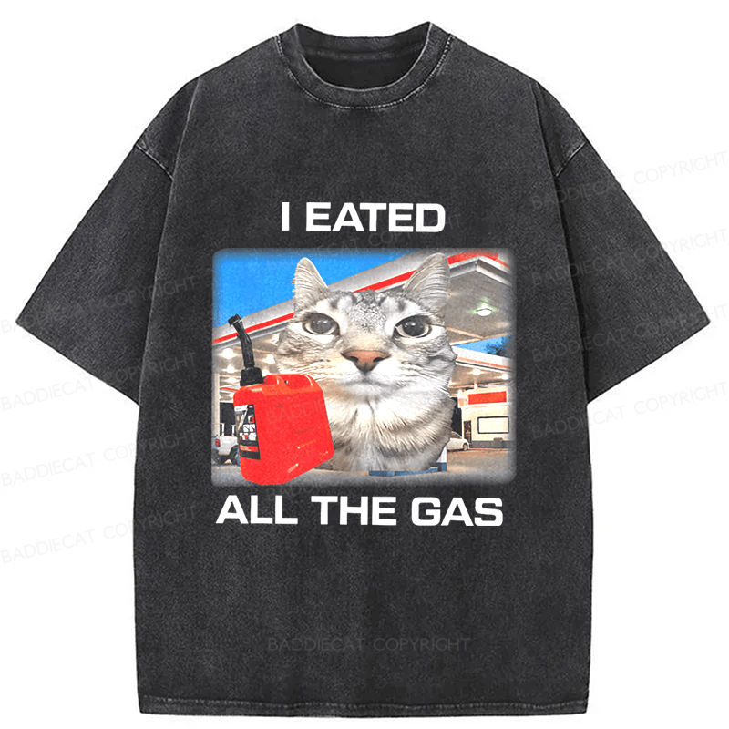 Baddiecat I Eated All The Gas Funny Silly Staring Cat Meme Washed T-shirt