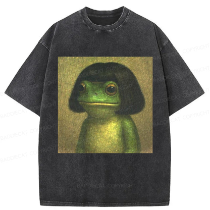Baddiecat Frog With Bob Haircut Meme Washed T-shirt