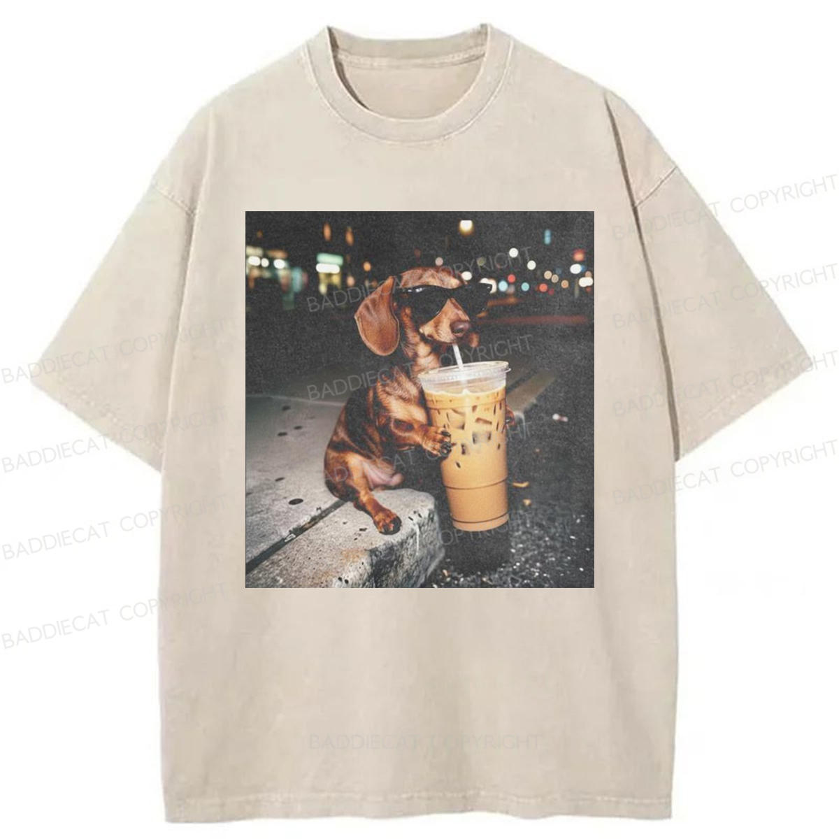Baddiecat Dachshund Coffee Graphic Washed T-shirt