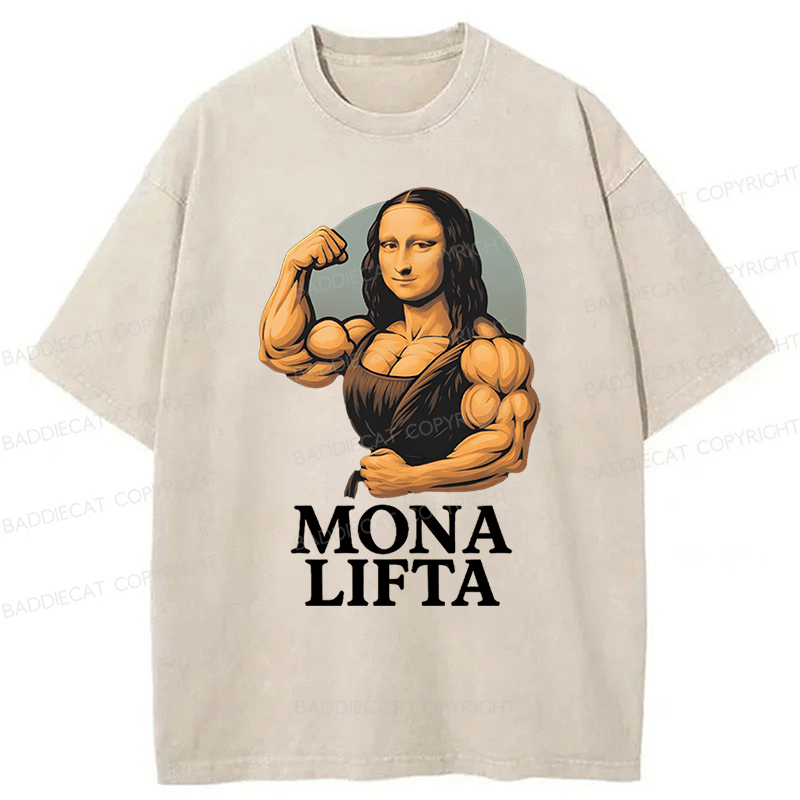 Baddiecat Powerlifting Gym Mona Lisa Parody Washed T-shirt