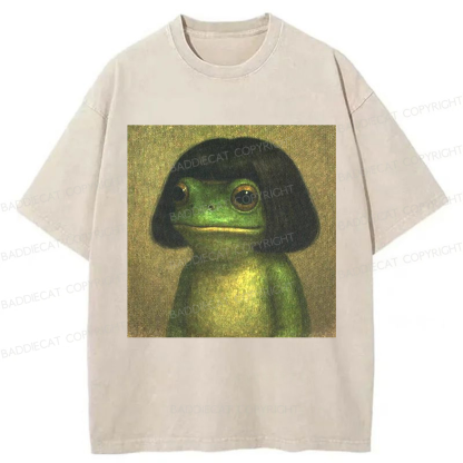 Baddiecat Frog With Bob Haircut Meme Washed T-shirt