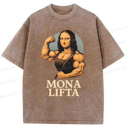 Baddiecat Powerlifting Gym Mona Lisa Parody Washed T-shirt