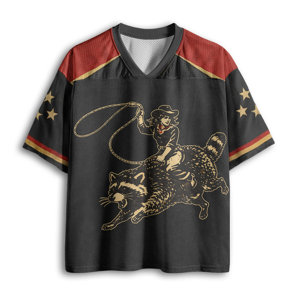 Baddiecat Funny Cowgirl Raccoon Mesh Jersey