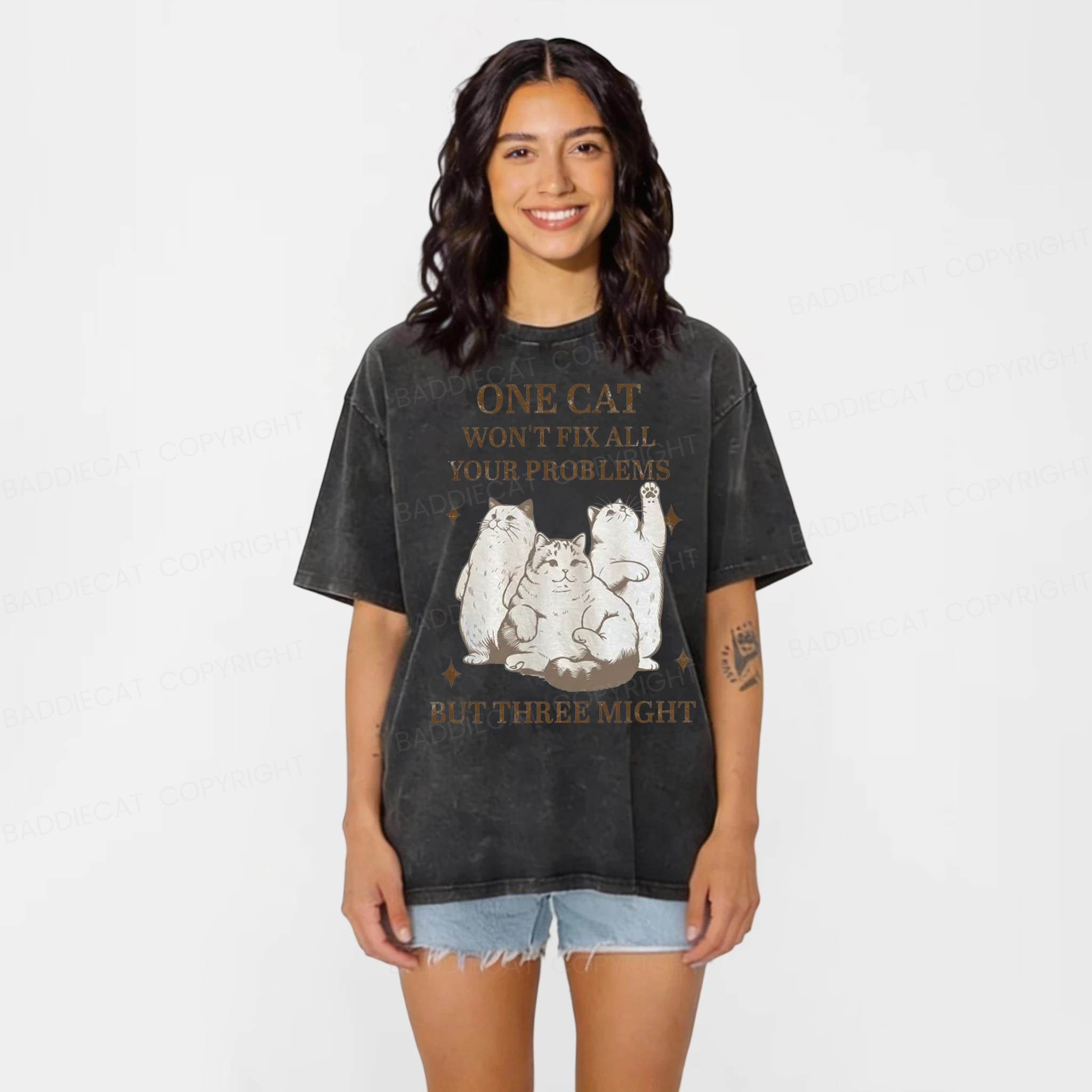 Baddiecat Three Cats Might Fix Problems Washed T-shirt