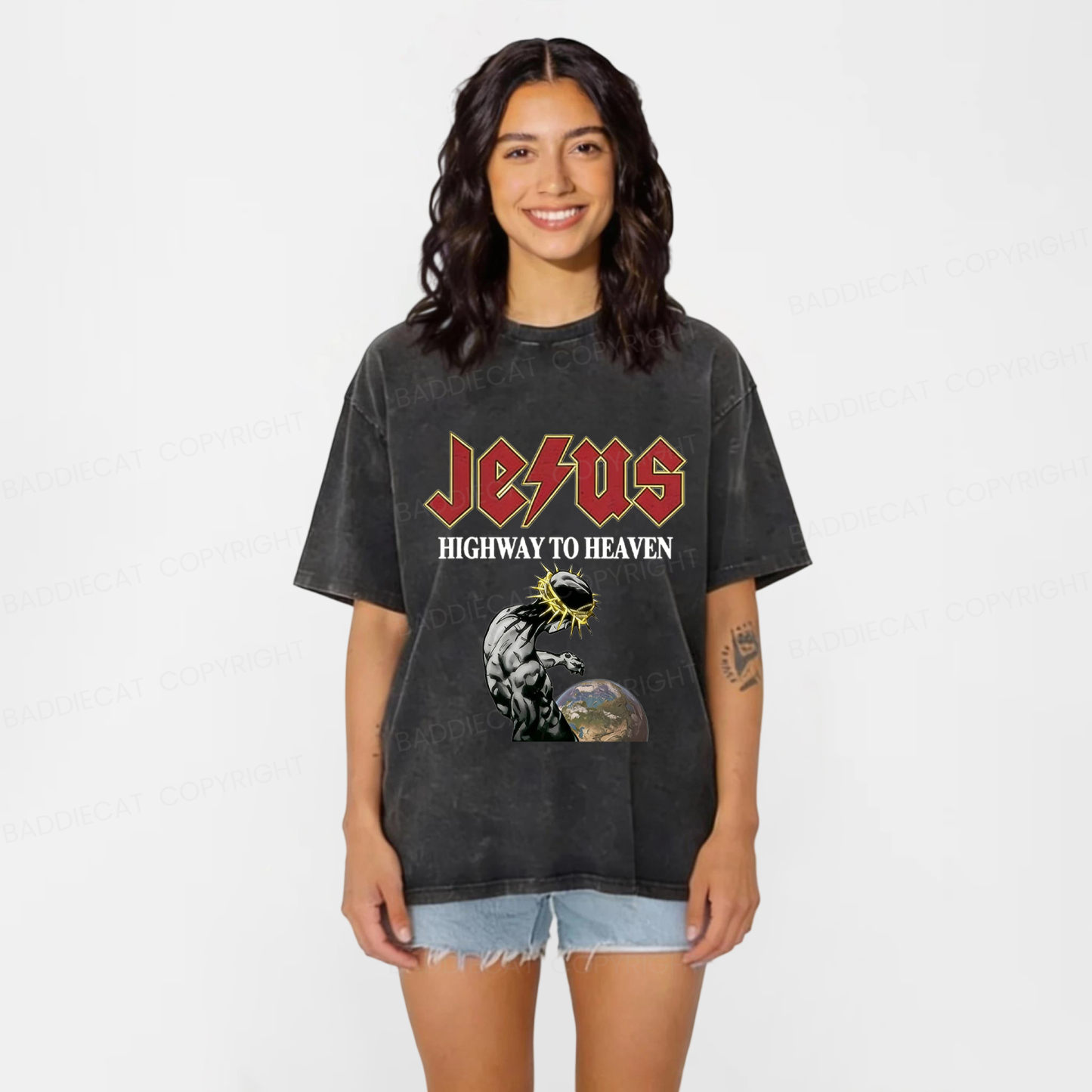 Baddiecat Jesus' Path To Heaven Washed T-shirt