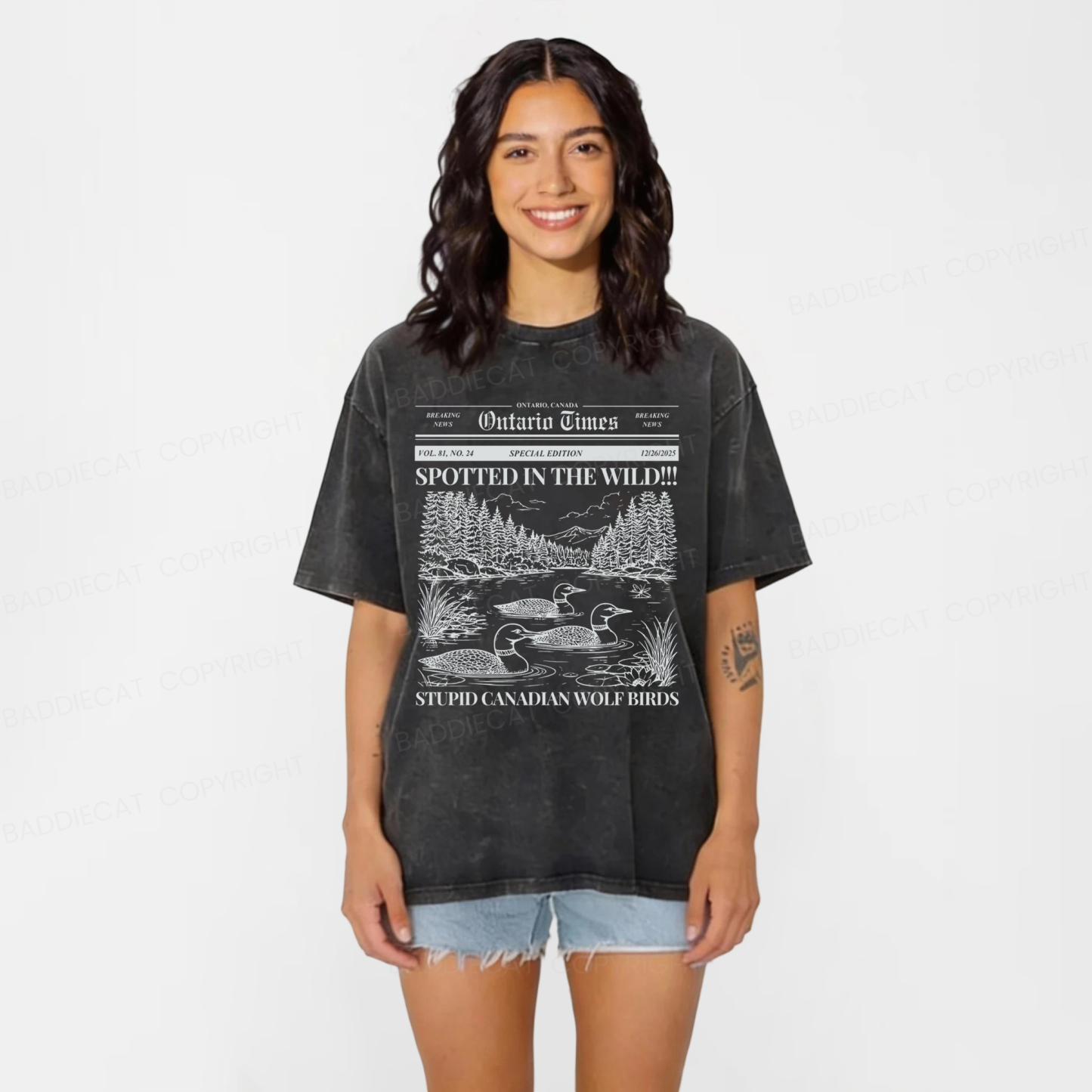 Baddiecat Stupid Canadian Wolf Bird Washed T-shirt