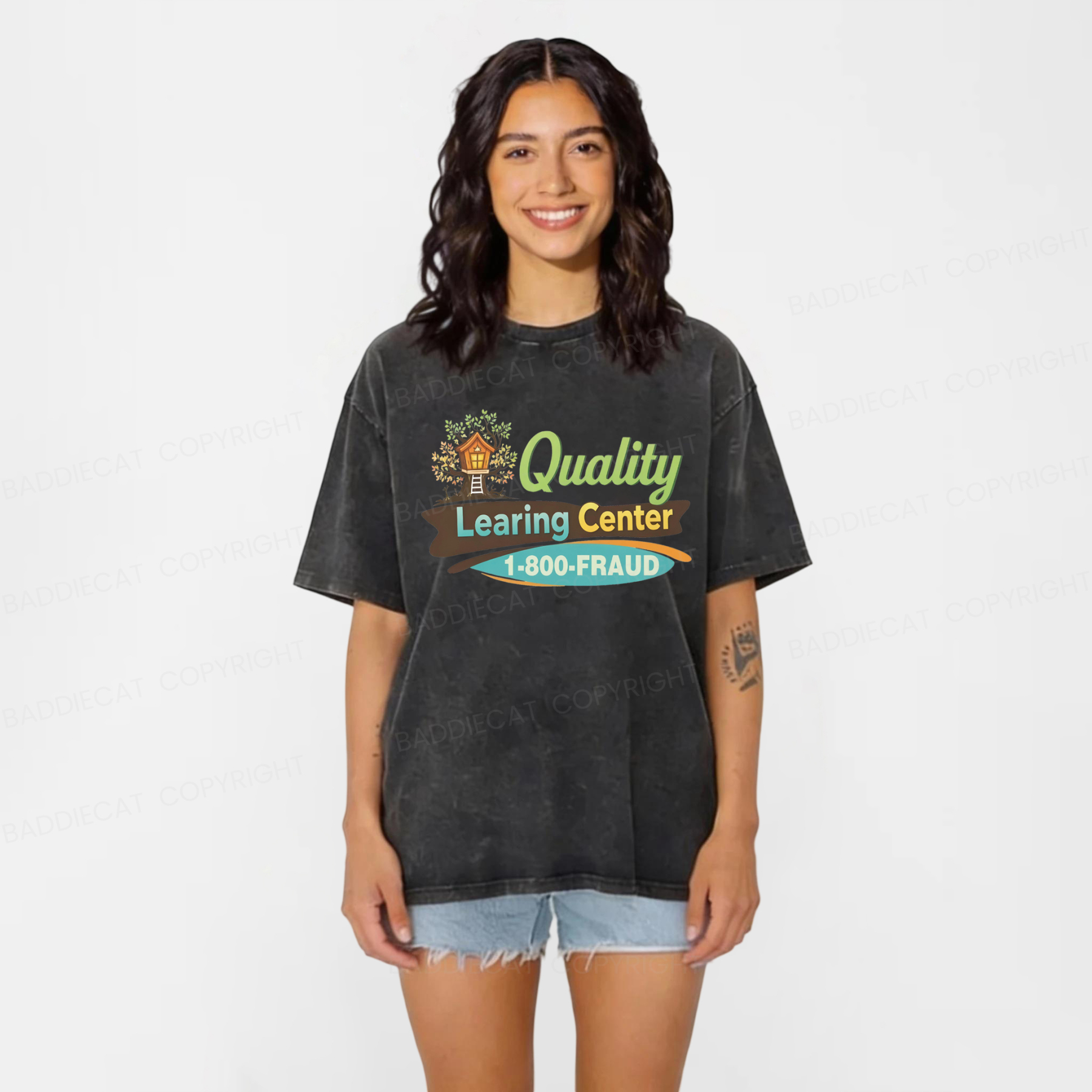 Baddiecat Funny Quality Learing Center Washed T-shirt
