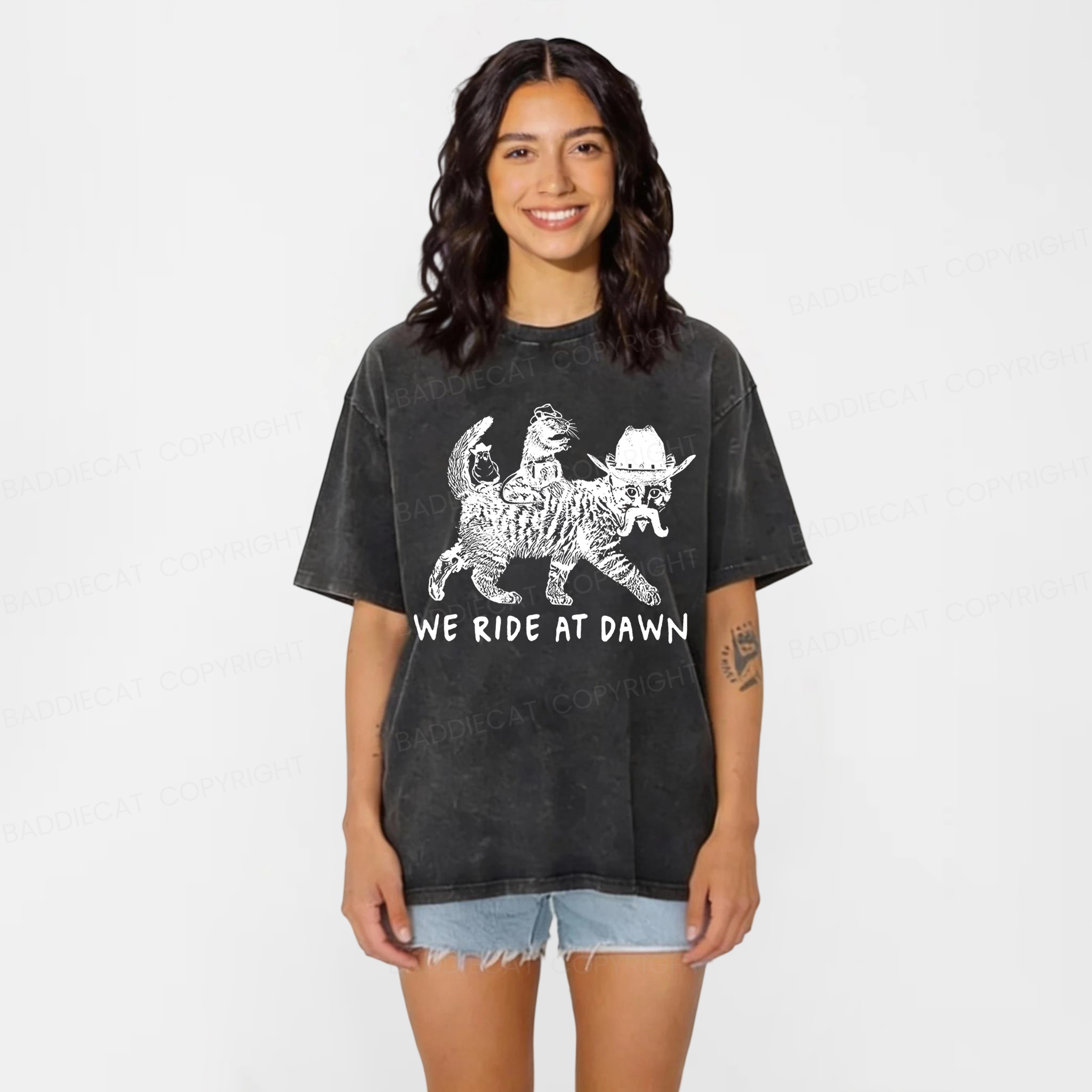 Baddiecat Funny We Ride At Dawn Washed T-shirt