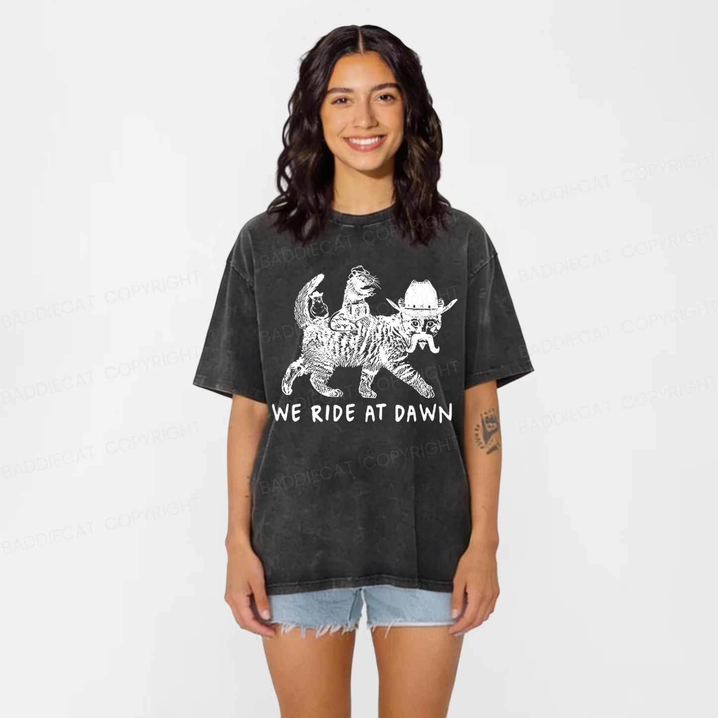 Baddiecat Funny We Ride At Dawn Washed T-shirt