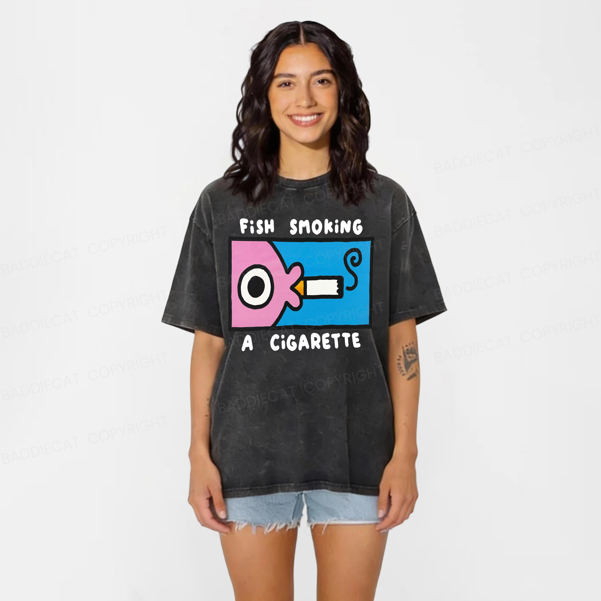 Baddiecat Fish Smoking Washed T-shirt