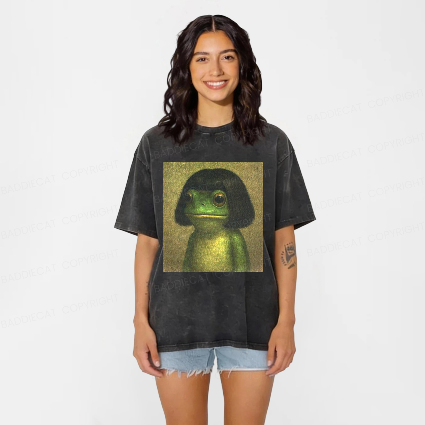Baddiecat Frog With Bob Haircut Meme Washed T-shirt
