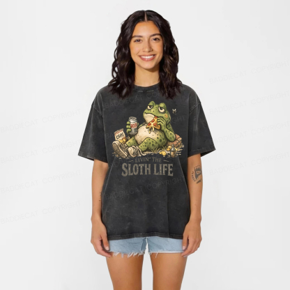 Baddiecat Funny Frog Livin' The Sloth Lif Washed T-shirt