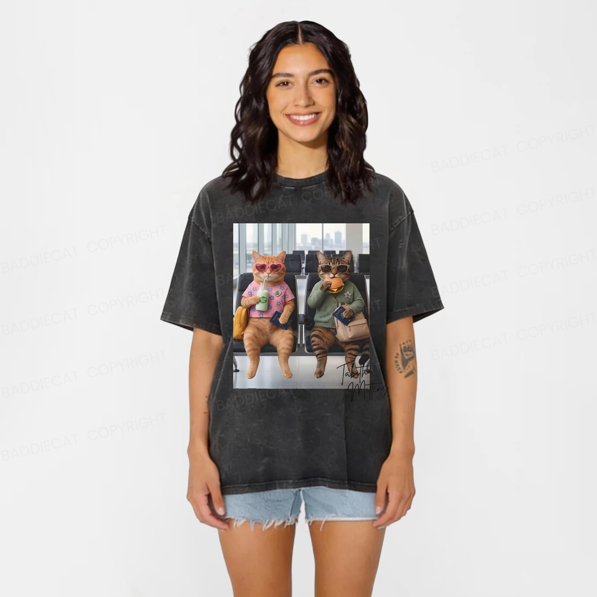 Baddiecat Hey Cool Cats Washed T-shirt