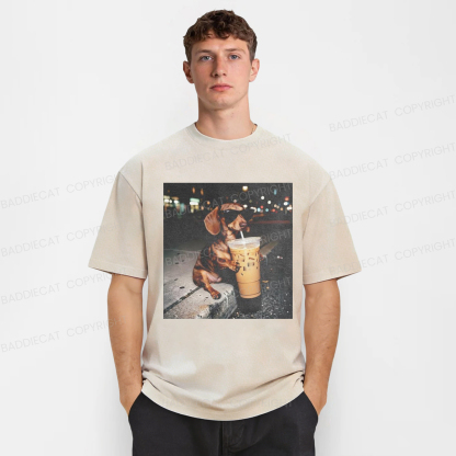 Baddiecat Dachshund Coffee Graphic Washed T-shirt