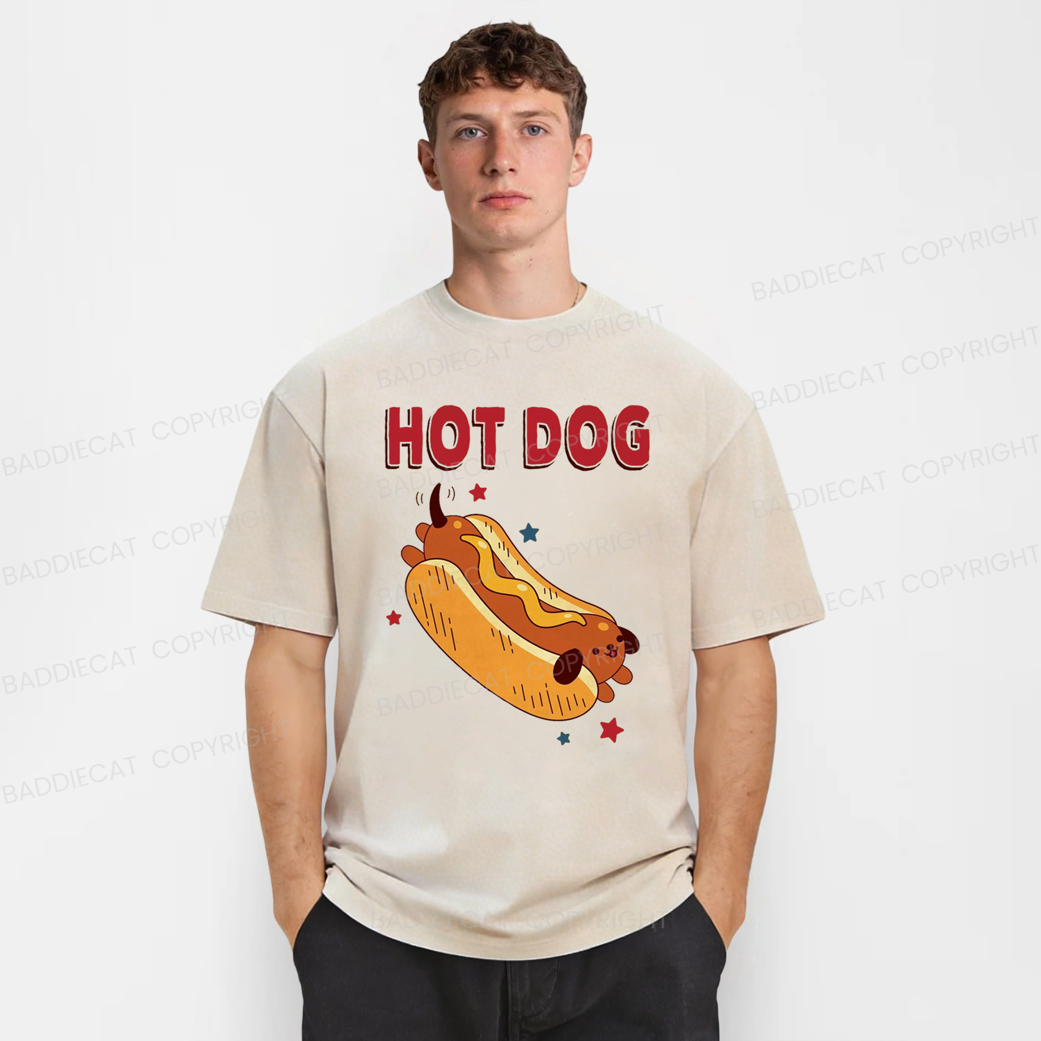 Baddiecat Funny Hot Dog Washed T-shirt