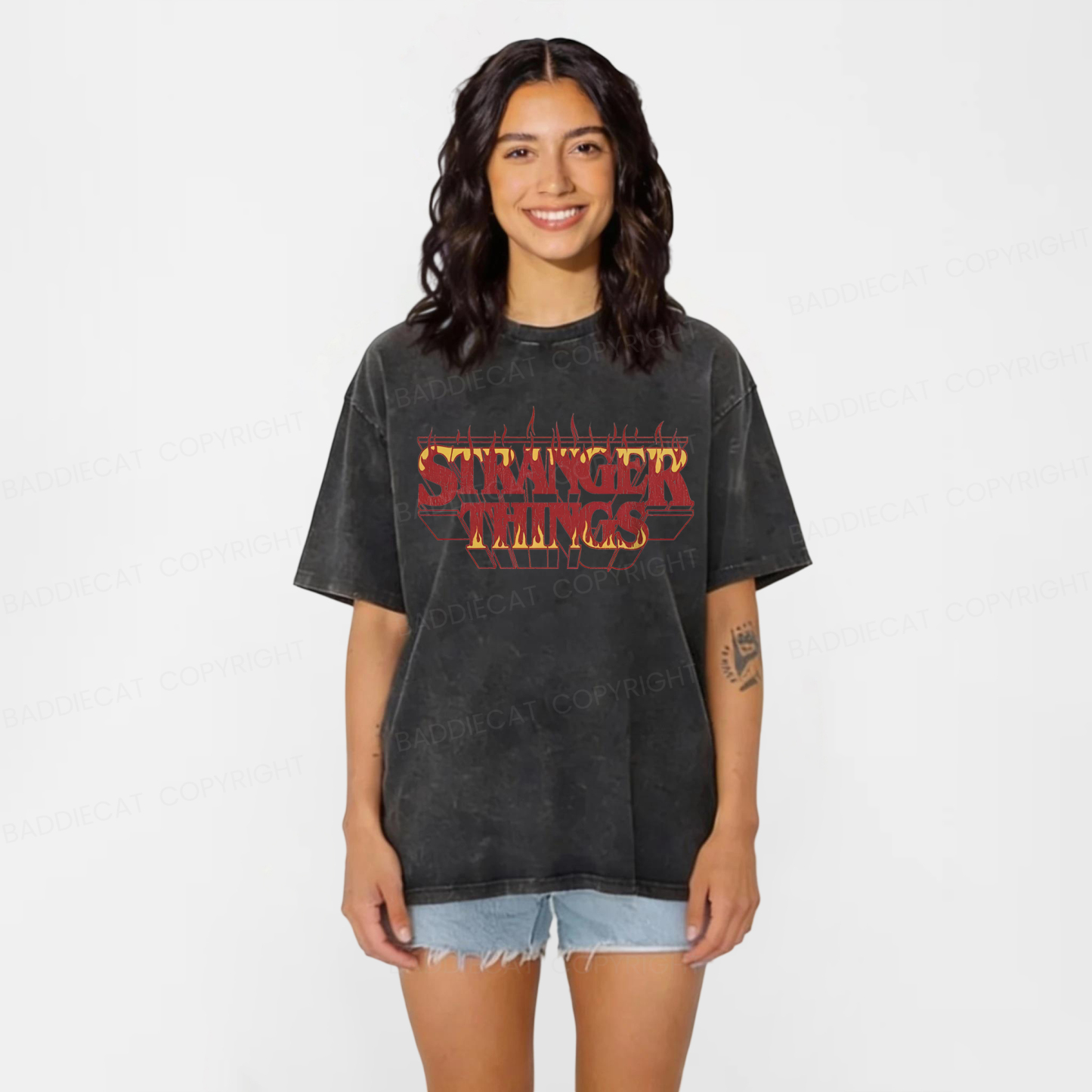 Baddiecat Stranger Things Fire Washed T-shirt