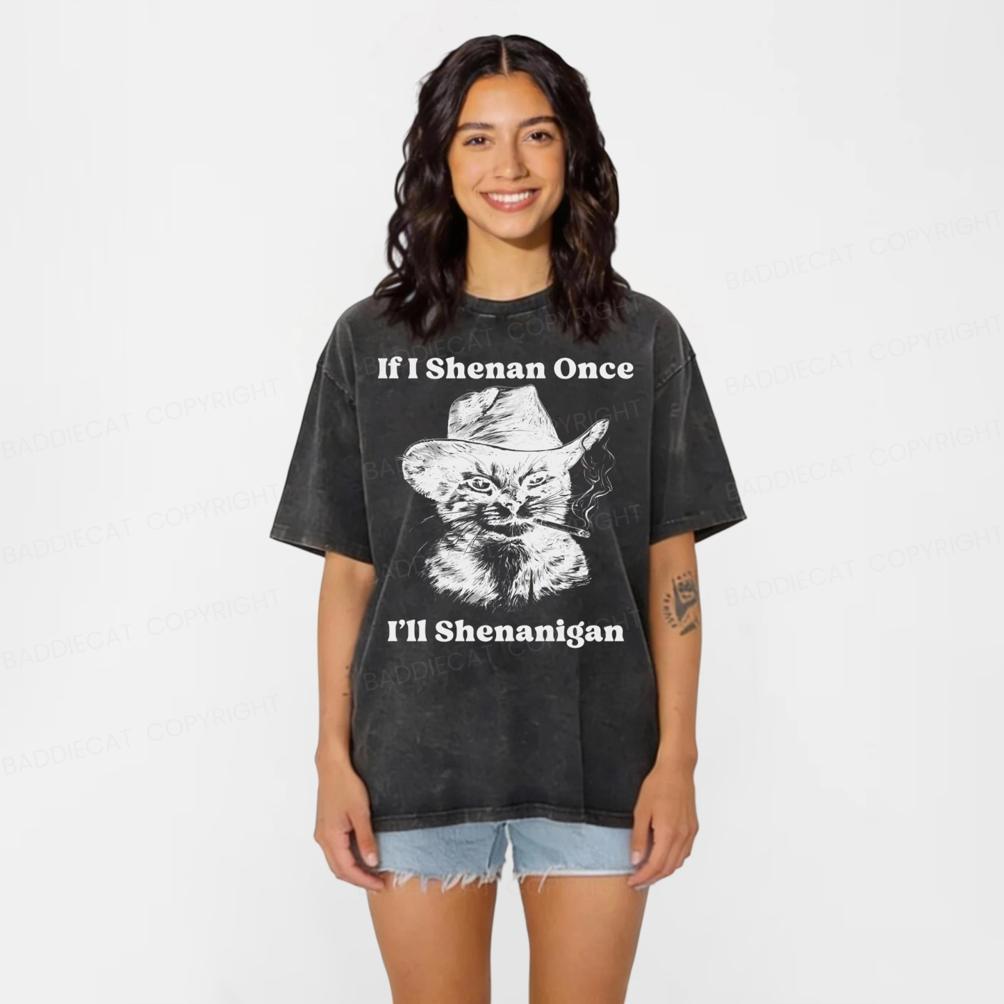 Baddiecat If I Shenan Once I'll Shenanigan Cat Washed T-shirt