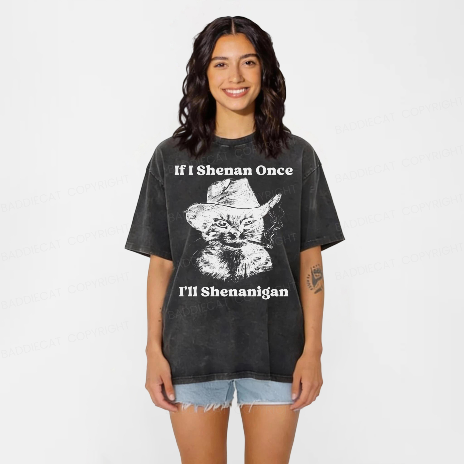 Baddiecat If I Shenan Once I'll Shenanigan Cat Washed T-shirt