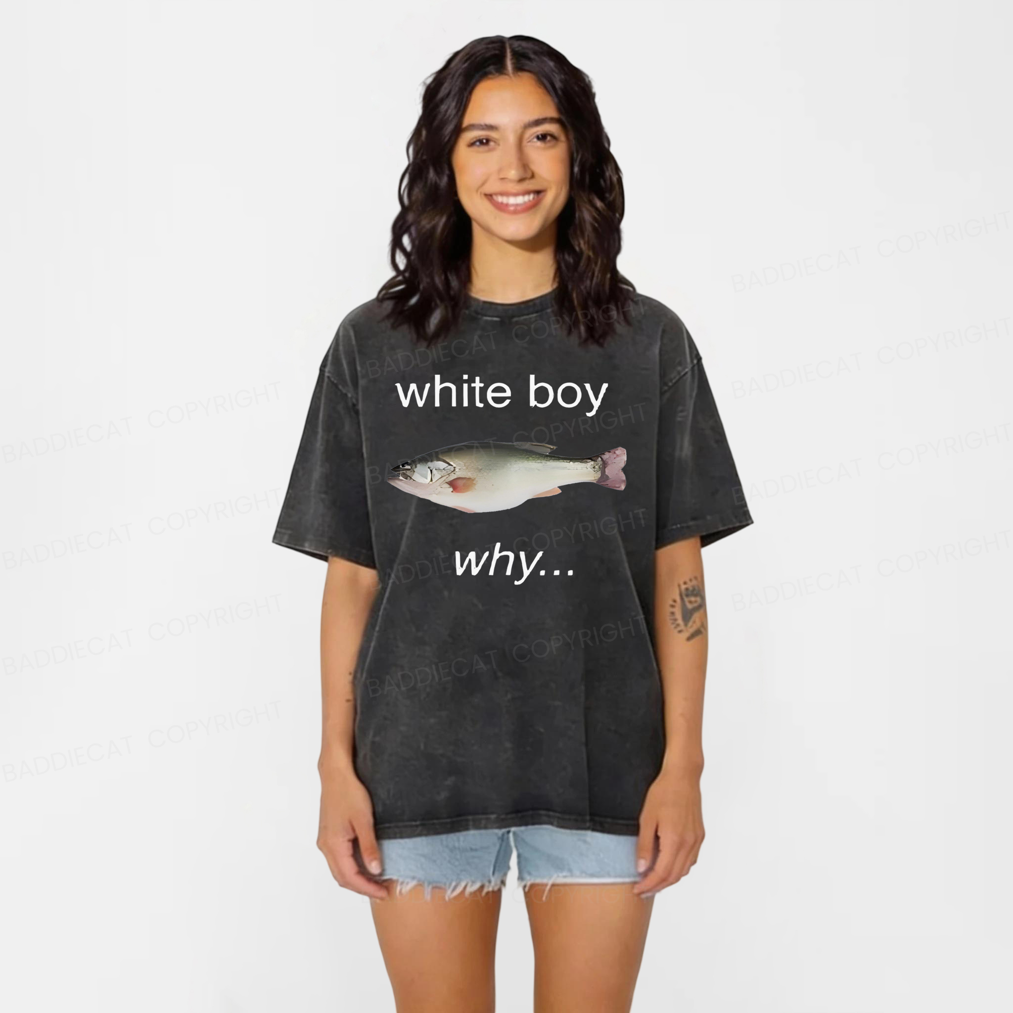 Baddiecat White Boy Fish Washed T-shirt