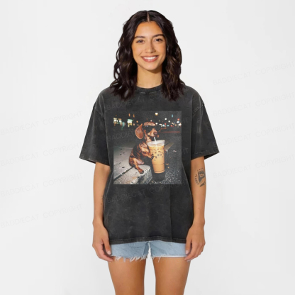 Baddiecat Dachshund Coffee Graphic Washed T-shirt