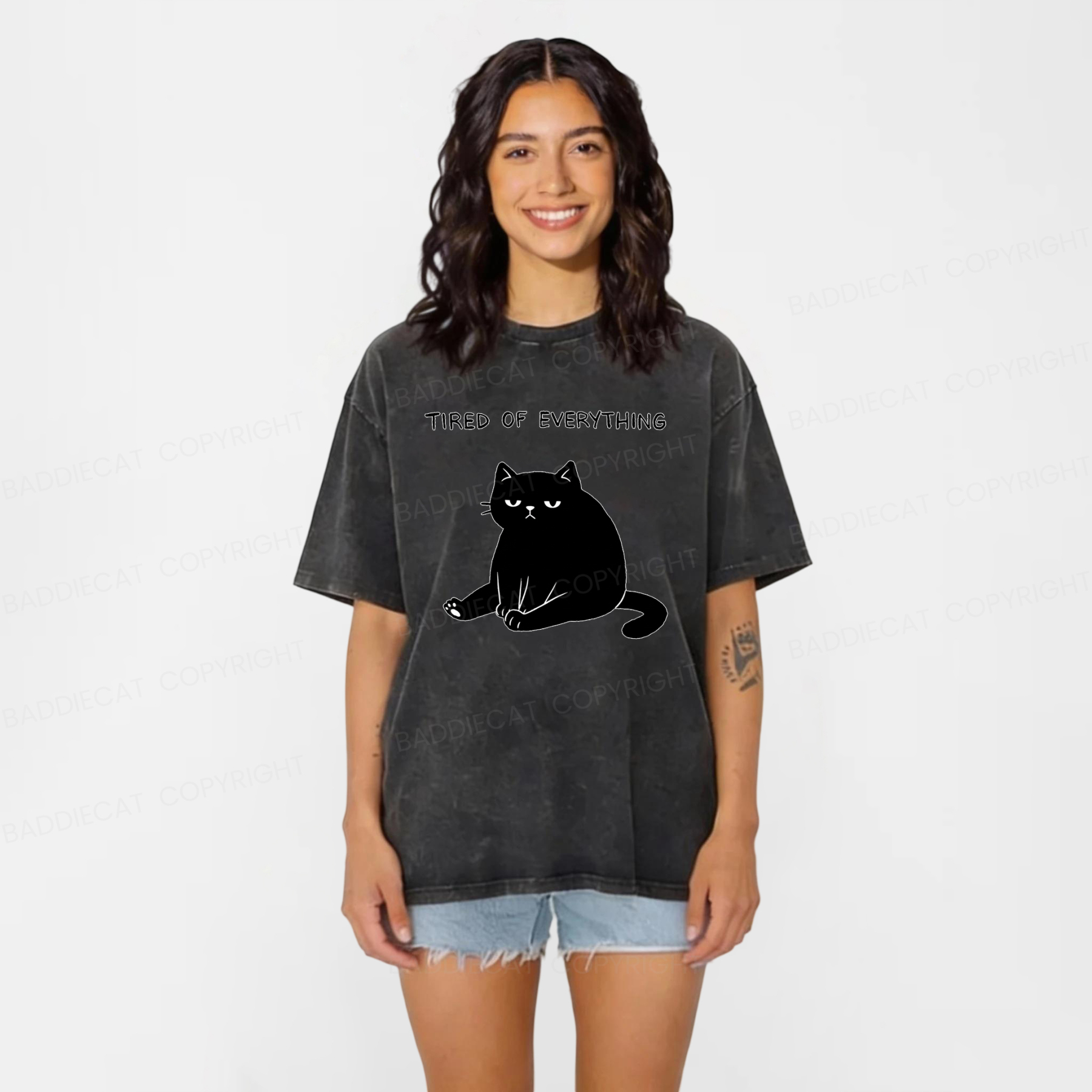 Baddiecat Black Cat Tired Of Everything Washed T-shirt