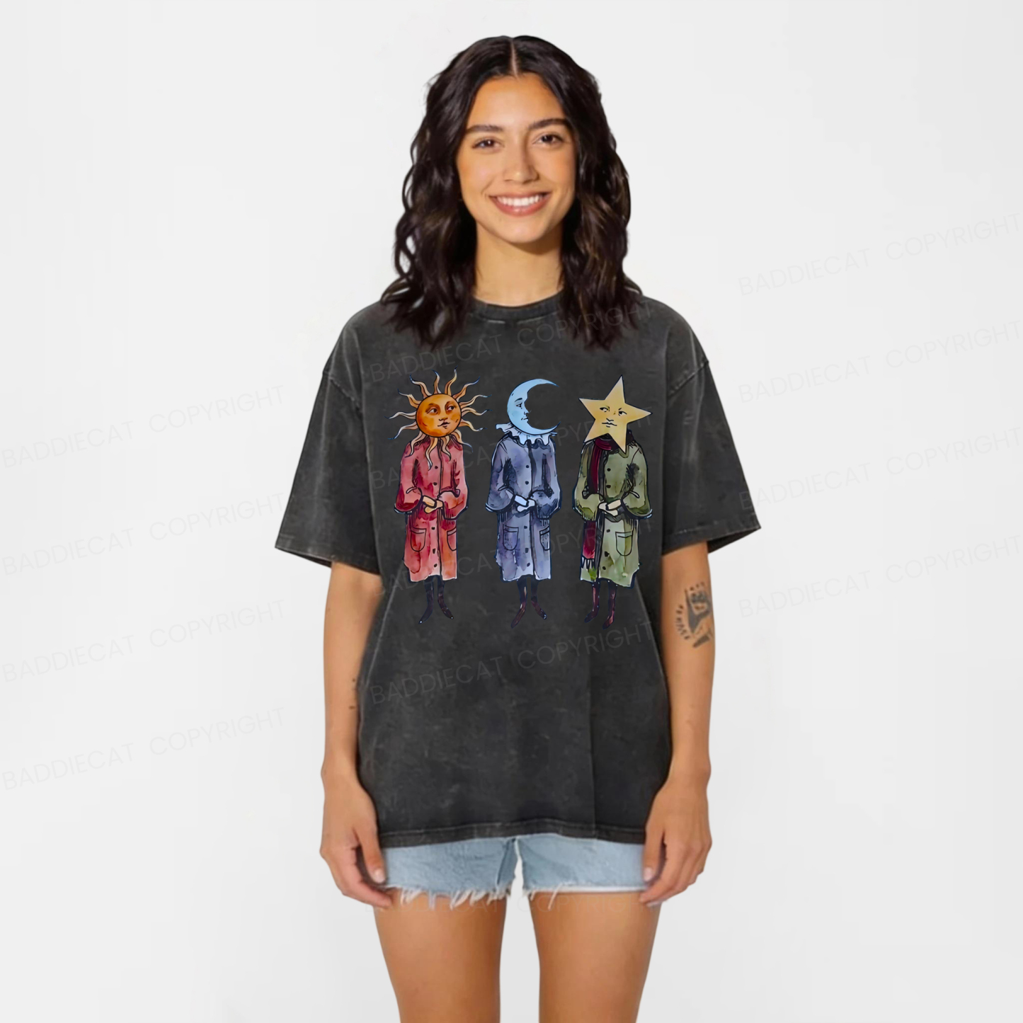 Baddiecat Funny Sun Moon Star Washed T-shirt
