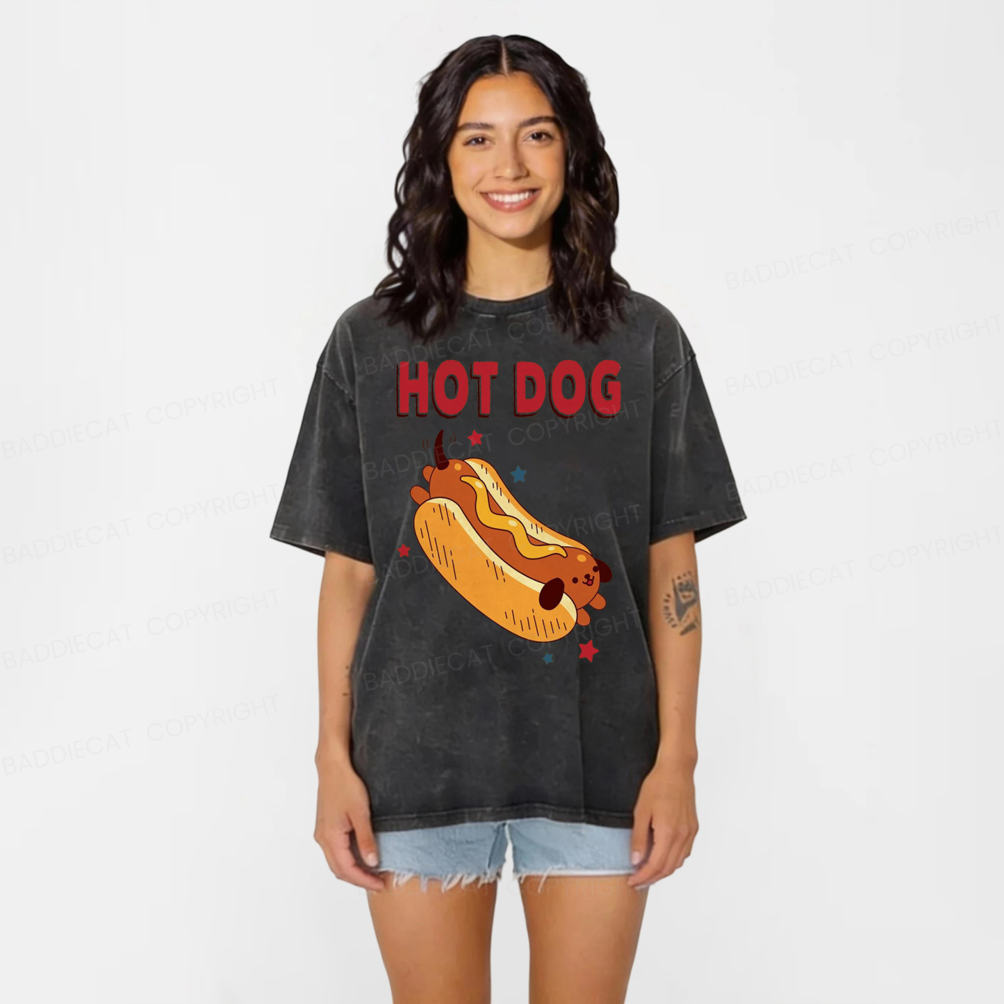 Baddiecat Funny Hot Dog Washed T-shirt