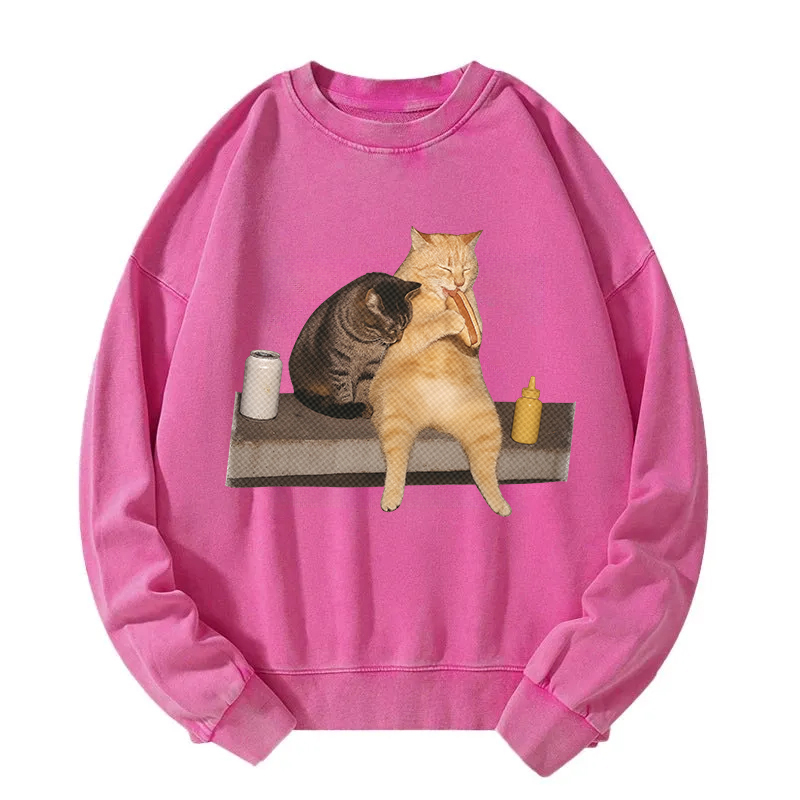 Cat Eating Hot Dog Washed Sweatshirt