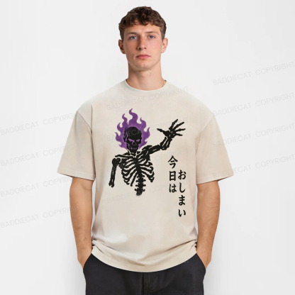 Baddiecat Japanese Skull That's All For Today Washed T-shirt