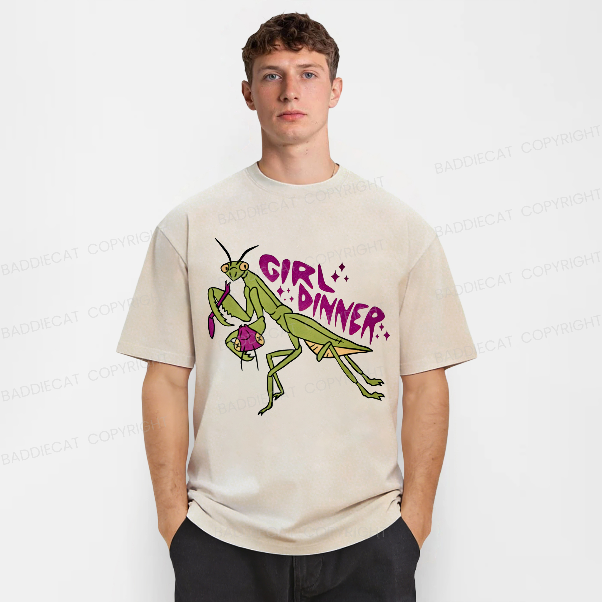 Baddiecat Praying Mantis Girl Dinner Washed T-shirt