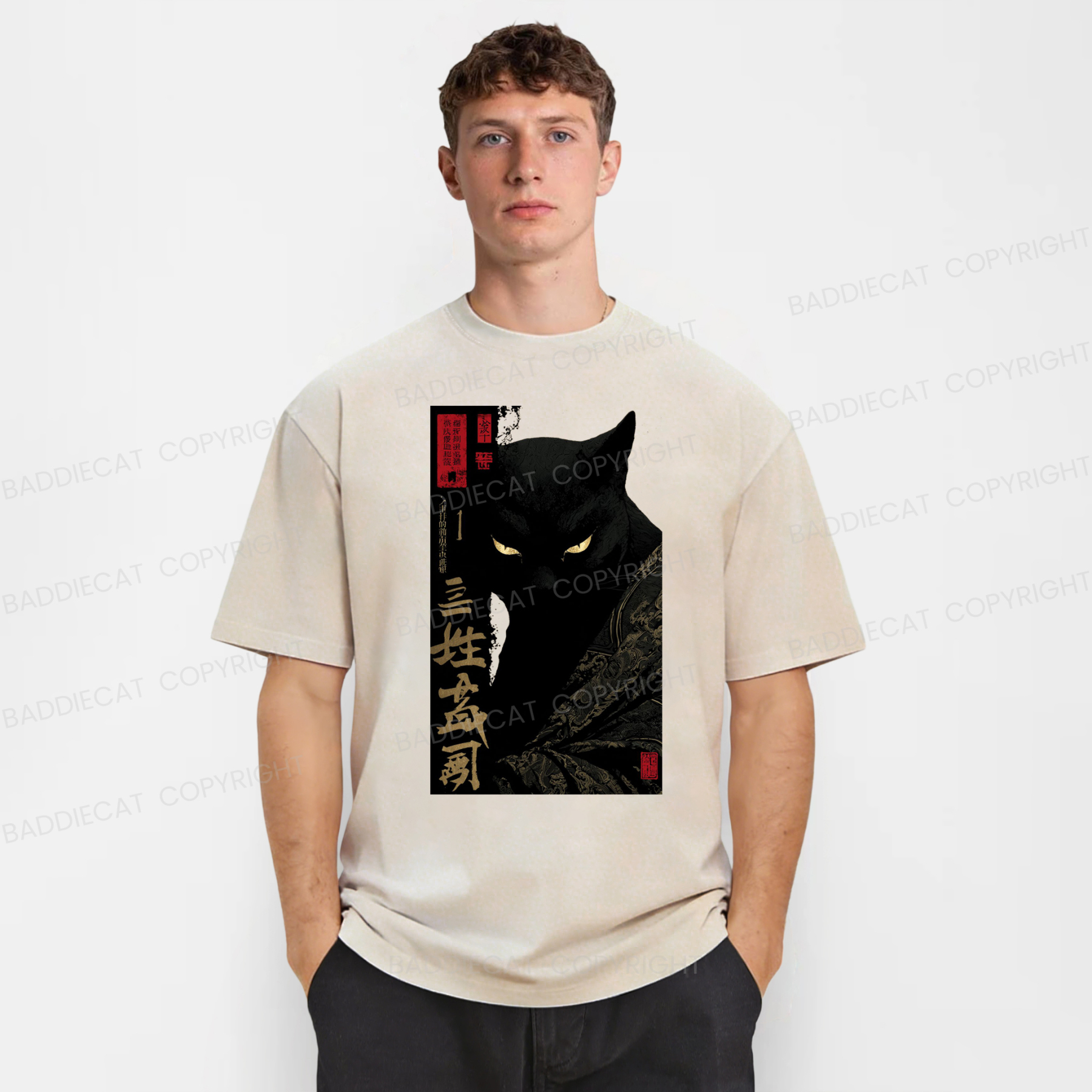 Baddiecat Japanese Black Cat Watching You Washed T-shirt