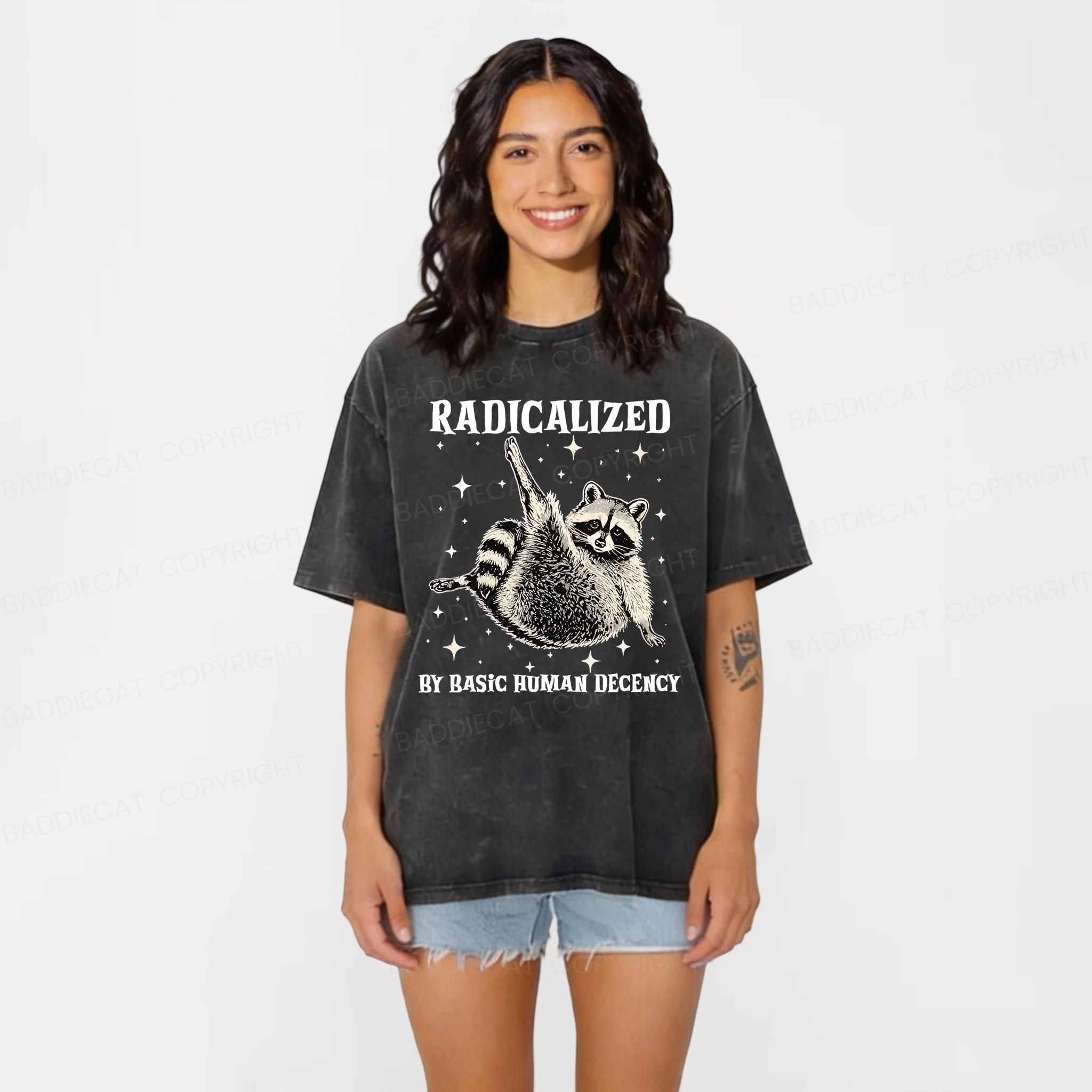Baddiecat Radicalized By Basic Decency Raccoon Washed T-shirt