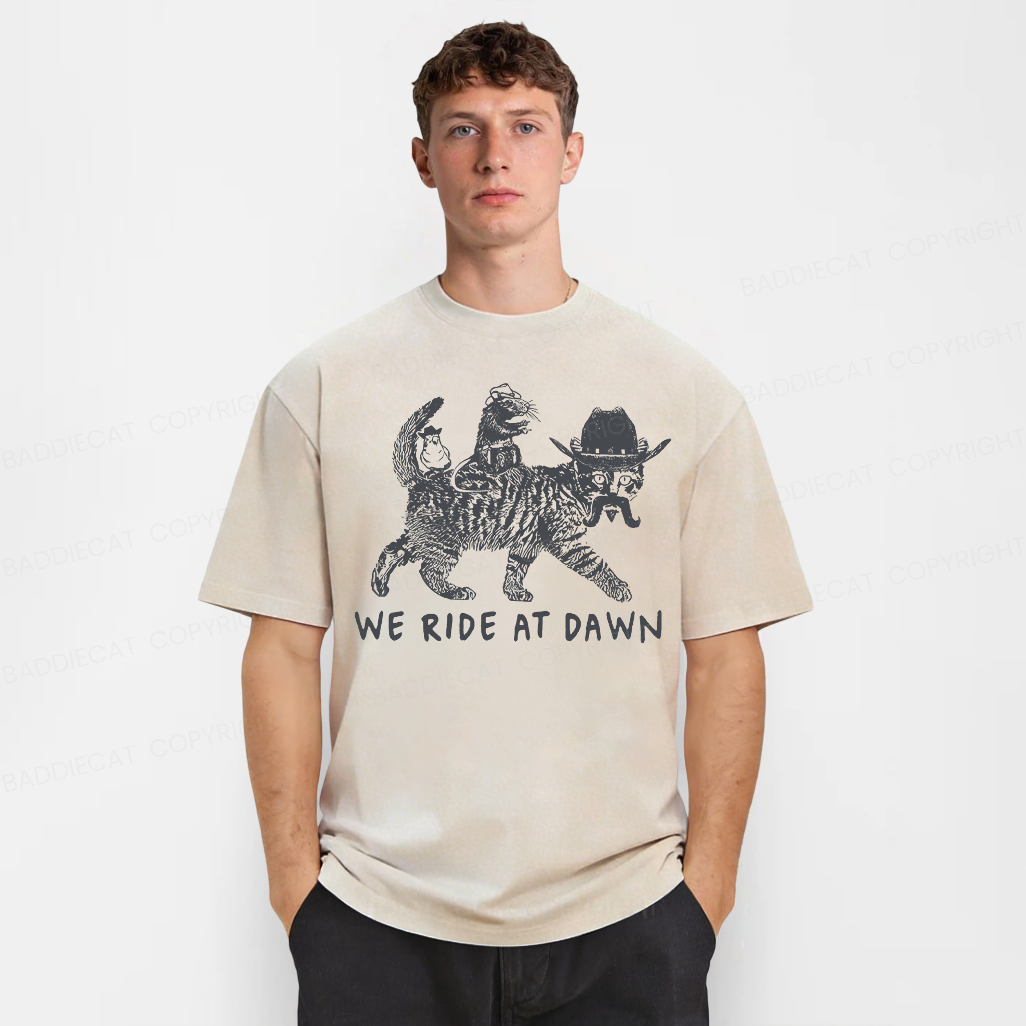 Baddiecat Funny We Ride At Dawn Washed T-shirt
