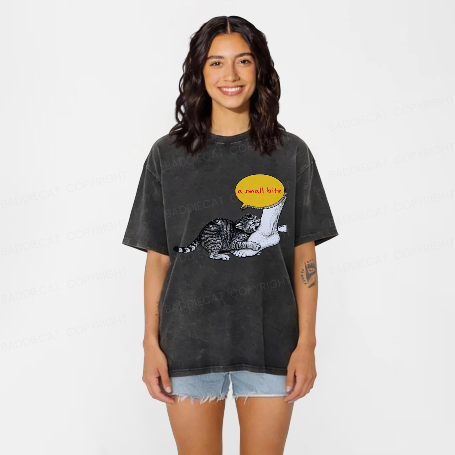 Baddiecat Funny Cat A Small Bite Washed T-shirt