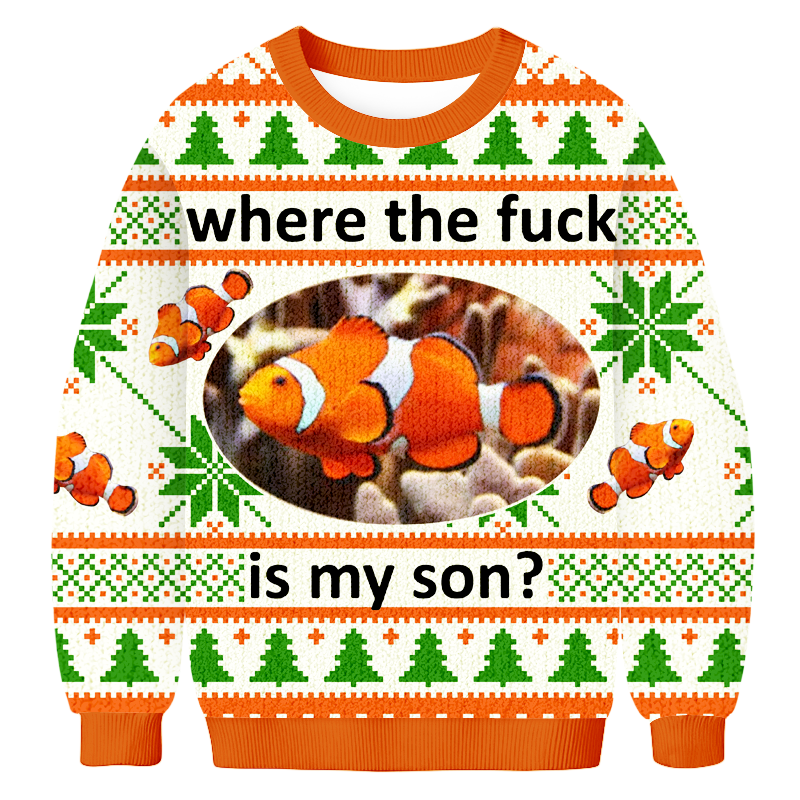 Baddiecat Where The Fuck Is My Son Fish Christmas Ugly Sweatshirt