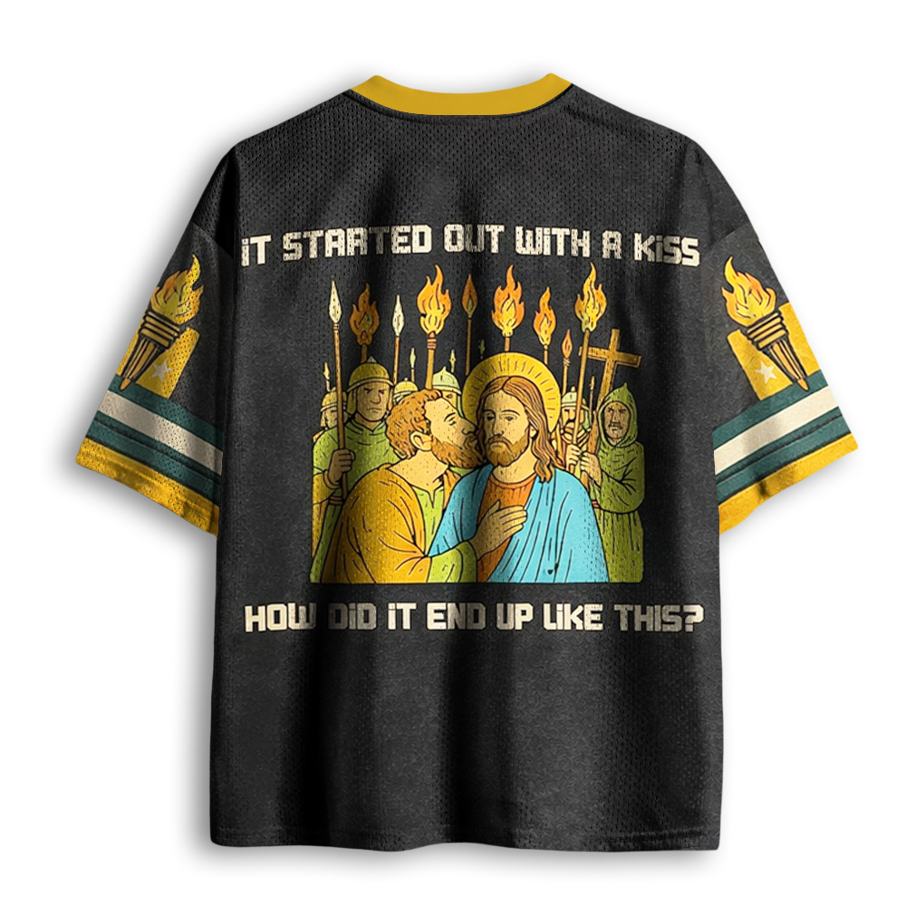 Baddiecat Funny Jesus It Started Out With A Kiss Mesh Jersey