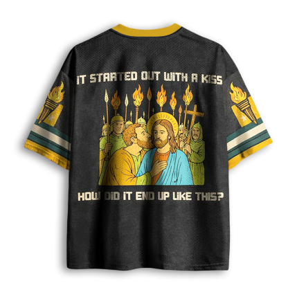 Baddiecat Funny Jesus It Started Out With A Kiss Mesh Jersey