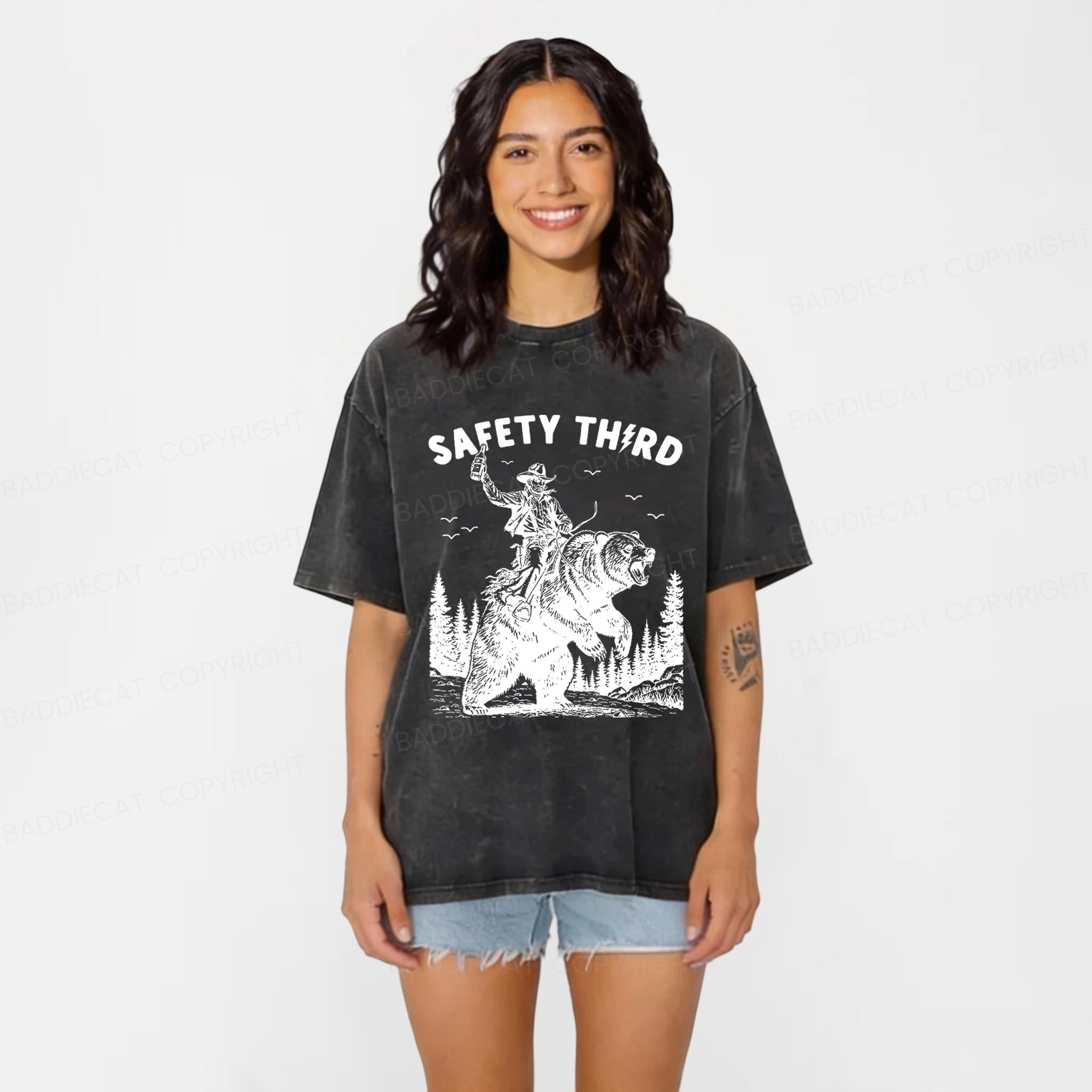 Baddiecat Safety Third Shirt Funny Washed T-shirt