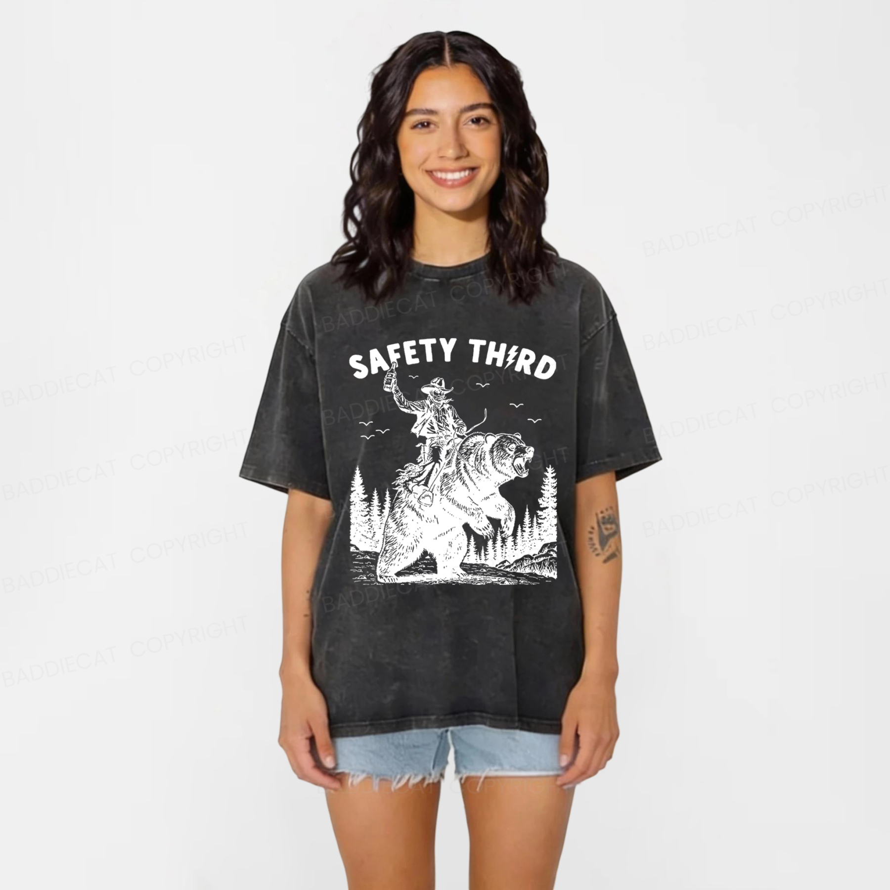Baddiecat Safety Third Shirt Funny Washed T-shirt