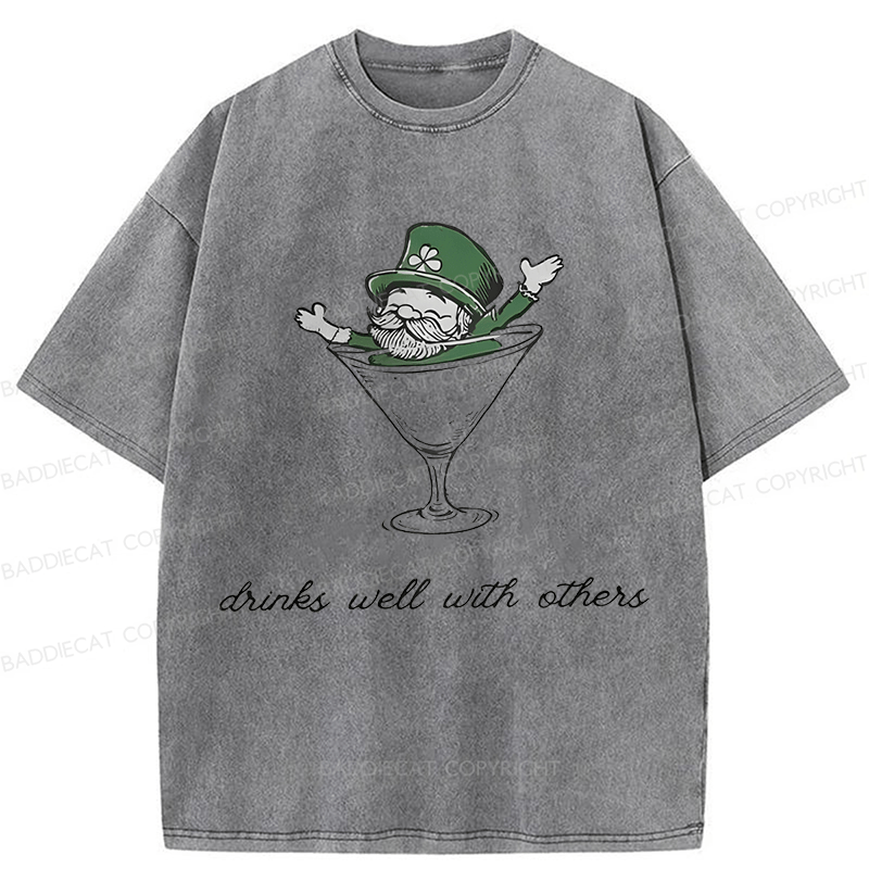 Baddiecat Leprechaun Martini Cocktail St Patrick's Day Washed T-shirt