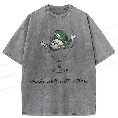 Baddiecat Leprechaun Martini Cocktail St Patrick's Day Washed T-shirt
